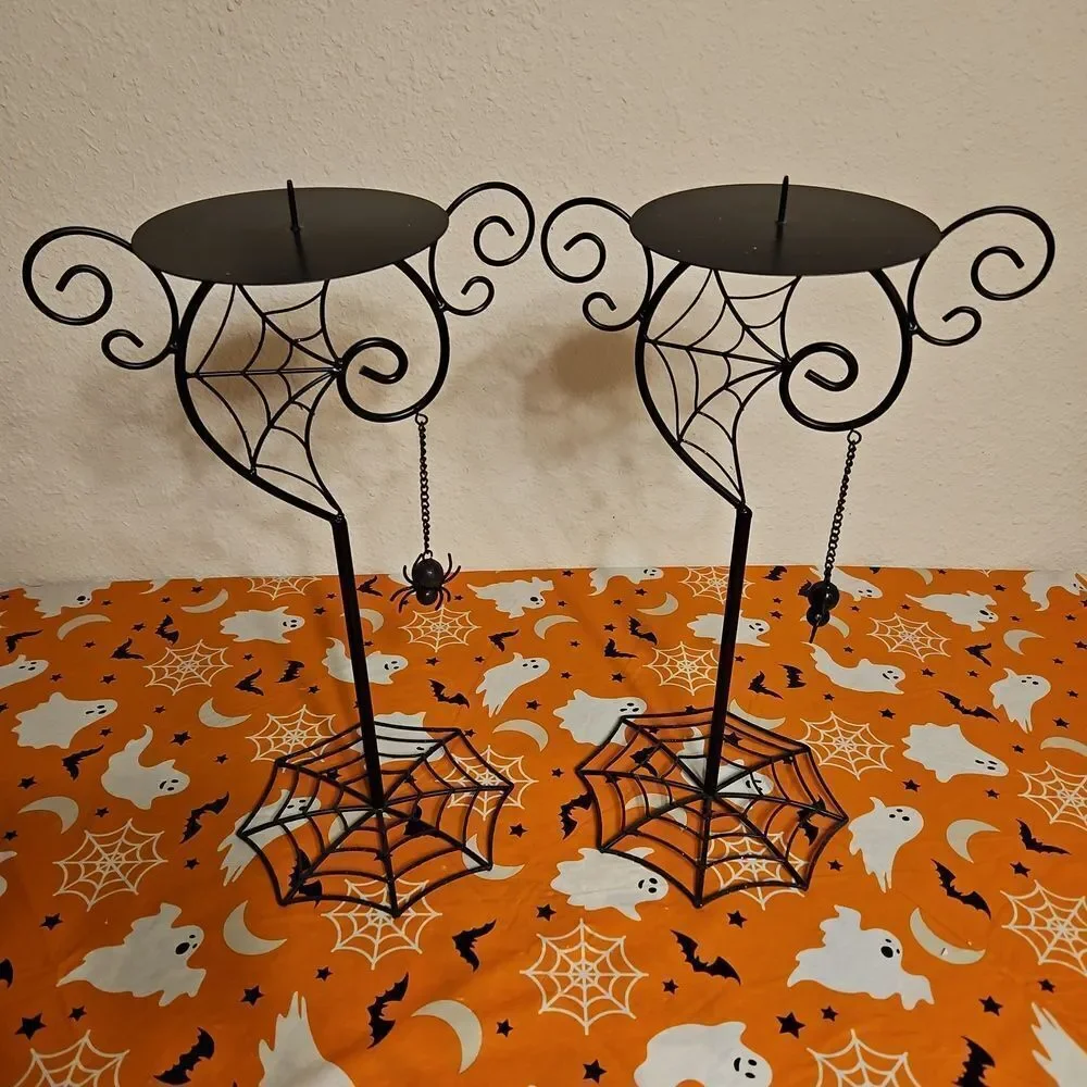 Set of 2 Halloween Spiderweb Candelabra Candle Holders